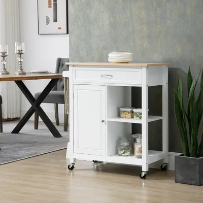  Kitchen Island Cart, Rolling Kitchen Island with Storage Shelf, Solid Wood Top, Drawer, for Dining Room, White