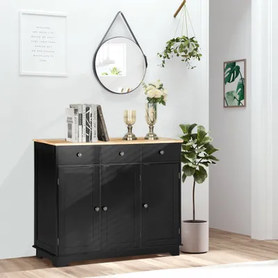  Kitchen Storage Cabinet, Sideboard Floor Cupboard with Solid Wood Top, Adjustable Shelf, and 3 Drawers, Black