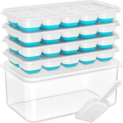 Ice Cube Tray With Lid And Bin - 4 Pack Silicone Ice Cube Trays For Freezer, Stackable Ice Bucket Kits With Storage Container & Scoop For Kitchen, RV, Cocktail, Coffee