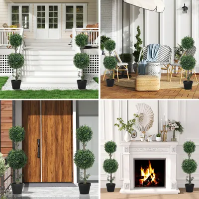 Set of 2 Artificial Ball Boxwood Topiary Trees, Fake Plants in Pot for Indoor Outdoor Living Room Green