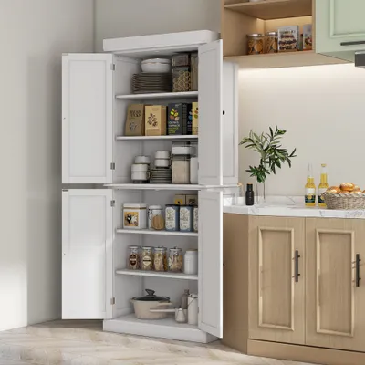  72" Kitchen Cabinet, Pantry Storage Cabinet with Doors and Shelves, Freestanding Food Pantry Cabinet, White