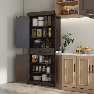  71" Freestanding Kitchen Pantry with 4 Doors and 2 Large Cabinets, Tall Storage Cabinet with Drawer, Coffee