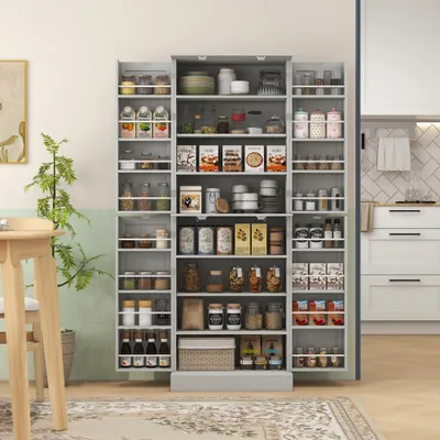  65" Kitchen Cabinet, Kitchen Pantry Cabinet with 4 Doors and 16 Door Shelves for Dining Room, Gray