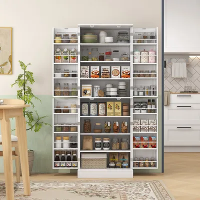  65" Kitchen Cabinet, Kitchen Pantry Cabinet with 4 Doors and 16 Door Shelves for Dining Room, White