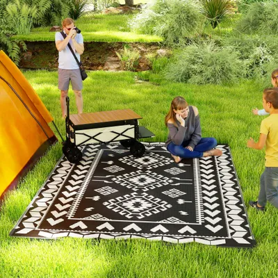  Reversible Outdoor Rug, Waterproof Plastic Straw with Carry Bag, 8' x 10', Black & White Rhombus Patchwork