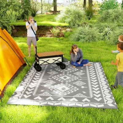 Reversible Outdoor Rug, Waterproof Plastic Straw with Carry Bag, 9' x 12', Gray & White Rhombus Patchwork