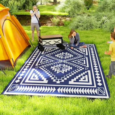  Reversible Outdoor Rug, Waterproof Plastic Straw with Carry Bag, 9' x 18', Blue & White Square Patchwork