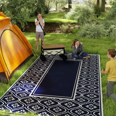  Reversible Outdoor Rug, Waterproof Plastic Straw with Carry Bag, 9' x 18', Blue & White Gourd Border