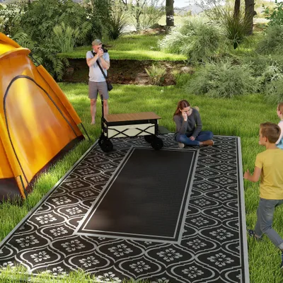  Reversible Outdoor Rug, Waterproof Plastic Straw with Carry Bag, 9' x 18', Black & Gray Gourd Border