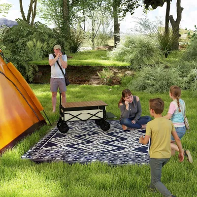  Reversible Outdoor Rug, Waterproof Plastic Straw with Carry Bag, 8' x 10', Blue & White Rhombus Border