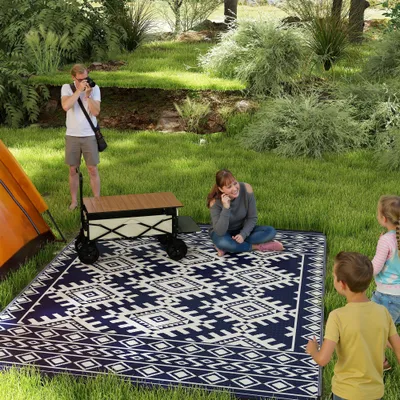  Reversible Outdoor Rug, Waterproof Plastic Straw with Carry Bag, 9' x 12', Blue & White Rhombus Border