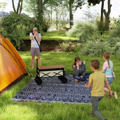  Reversible Outdoor Rug, Waterproof Plastic Straw with Carry Bag, 8' x 10', Blue & White Geometric