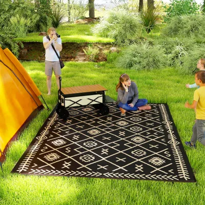  Reversible Outdoor Rug, Waterproof Plastic Straw with Carry Bag, 9' x 12', Black & Beige Rhombus