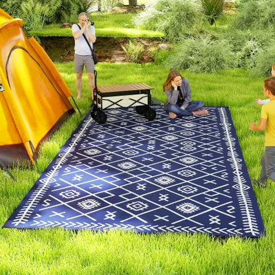  Reversible Outdoor Rug, Waterproof Plastic Straw with Carry Bag, 9' x 18', Blue & White Rhombus