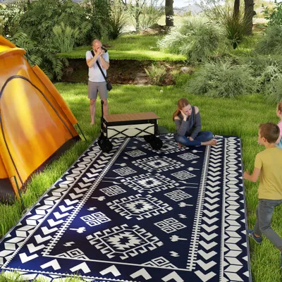  Reversible Outdoor Rug, Waterproof Plastic Straw with Carry Bag, 9' x 18', Blue & White Rhombus Patchwork
