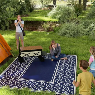  Reversible Outdoor Rug, Waterproof Plastic Straw with Carry Bag, 9' x 12', Blue & White Gourd Border