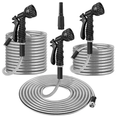 25FT-50FT-100FT Options -- 1Pc Heavy Duty Stainless Steel Garden Hose Garden Watering Kit Metal Water Hose With 2 Nozzles 12 Patterns Flexible Extendable Kink Tangle Puncture Resistant Dog Proof