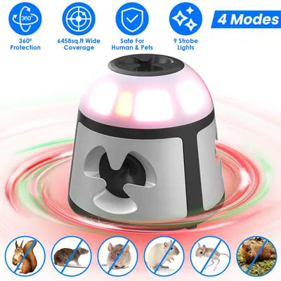 1Pc 360 Degree Ultrasonic Mice Repellent Indoor Rodent Repeller Rat Squirrel Rodent Control Device With 4 Modes 9 Strobe Lights Alarm Horn For Kitchen Warehouse