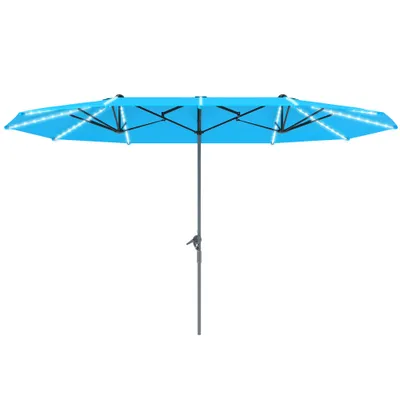 15ft Double-Sided Outdoor Umbrella With Solar Lights, Extra Large Aluminum Patio Umbrella With Crank, Blue