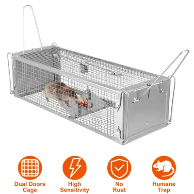 1Pc Dual Door Rat Trap Cage Humane Live Rodent Dense Mesh Trap Cage Zinc Electroplating Mice Mouse Control Bait Catch With 2 Detachable U Shaped Rod