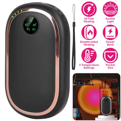 2 Colors Options -- 1Pc Rechargeable Hand Warmer Electric Hand Heater Portable Reusable Pocket Warmer Power Bank With Digital Display Sunset Light 3 Levels Double-sided Heating