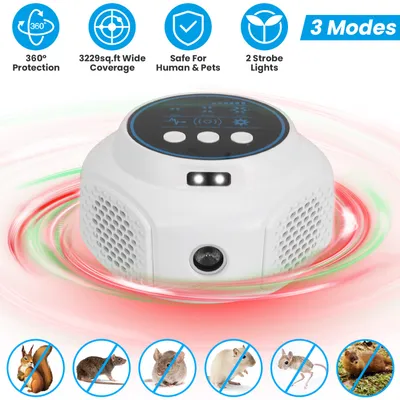 1Pc 360 Degree Ultrasonic Mice Repellent Indoor Rodent Repeller Rat Squirrel Rodent Chaser With 3 Modes 2 Strobe Lights For Kitchen Warehouse