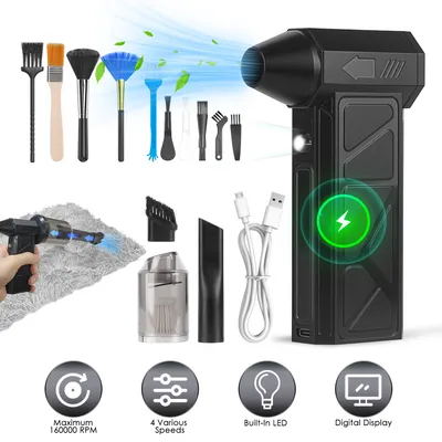 1Pc Compressed Air Duster With LED Light Vacuum Cleaner Max 160000RPM Speed For PC Keyboard Cleaning High Speed Rechargeable Cordless Air Blower With 4 Speeds For Home Car Outdoor