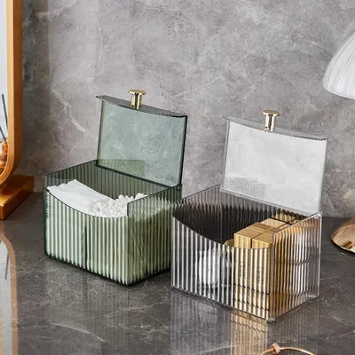 2-Grid Cotton Swab Holder Dispenser With Lid  Clear Bathroom Organizer For Qtips, Pads & Cosmetic Storage 2 Colors