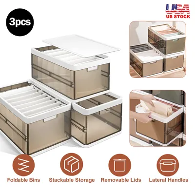 3 Pack Foldable Storage Bin With Lid Stackable Plastic Closet Organizer With Handle Divider Collapsible Drawer Organizer For Toys Clothes