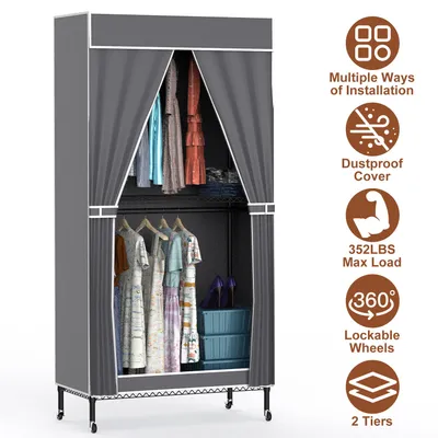 1Pc 2 Tier Foldable Clothing Rack With Cover Portable Wardrobe Closet Covered Garment Rack With 4 Wheels 2 Hanging Rods 2 Hook Racks 35.43x17.13x72.44in