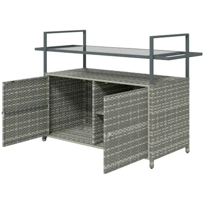 2-Tier Shelf PE Rattan Outdoor Bar Table, Glass Top Outdoor Serving Cart With Cabinet, Mixed Gray