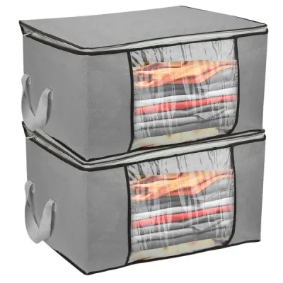 2Pcs Clothes Storage Bag 90L Large Capacity Foldable Closet Organizer W/ Thick Fabric Clear Window Dual-Zipper