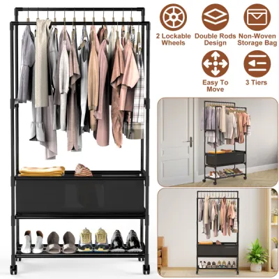 3 Tiered Portable Clothing Rack For Bedroom Entryway Double Hanging Rods Sturdy Iron Garment Rack With Double Height Rods Adjustable Storage Bag Lockable Universal Wheels Easy Assembly