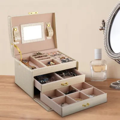 1Pc Jewelry Case Organizer 3-layer Lockable Travel Jewelry Box PU Leather Storage Display Case With Mirror Protective For Bracelets Earrings Rings Necklaces