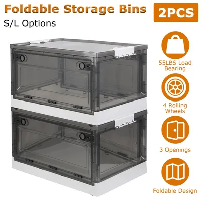 2 Packs Foldable Storage Bins Collapsible Storage Box Organizer Stackable Toy Container With Double Doors Top Lid Rolling Wheels For Clothes Toys Books