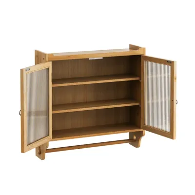 24.8''Glass Door Vintage Double Door Wall Cabinet With Three Tiers Of Storage With Towel Rack,for Bathroom, Kitchen,,Dining Room,Natural