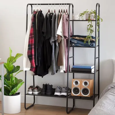 1Pc Metal Garment Hanging Rack Shoe Clothing Organizer Shelves Freestanding Clothing Hanging Rail Clothes Wardrobe Shoe Display Organizer With 1 Hanging Rod 5 Mesh Shelves