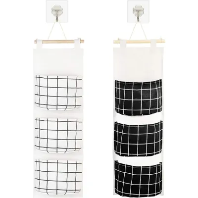2-piece Set Of Hanging Storage Bags With Various Patterns In Black And White, Featuring 3 Bags, Suitable For Living Rooms, Bathrooms, Bedrooms, Offices, And Doors