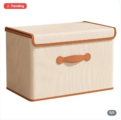 Foldable Fabric Storage Bin Box With Attached Lid & Leather Handles Clothes Closet Organizer Basket