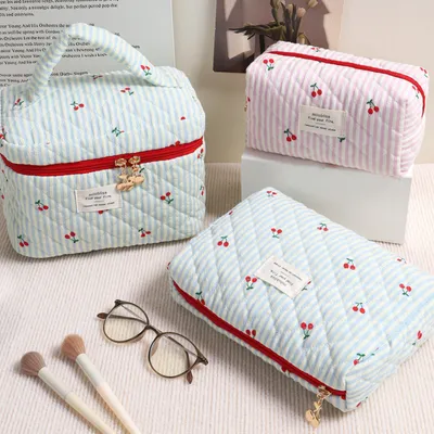 Girly Quilted Cherry Colorblock Striped Makeup Bag