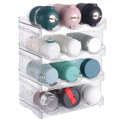 1Pc 4 Tier Bottle Storage Holder 12 Bottles Transparent Stackable Bottle Organizer Standing Drink Holder Shelf For Kitchen Fridge Cabinet Pantry