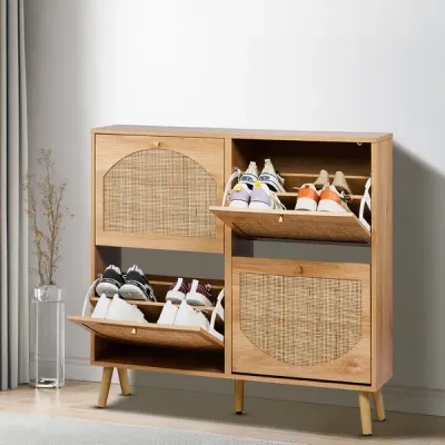 2 Rows Of 4 Dump Buckets With High Feet Arched Rattan Surface Shoe Cabinet Density Board With Triamine 105X24X98cm Original Wood Color