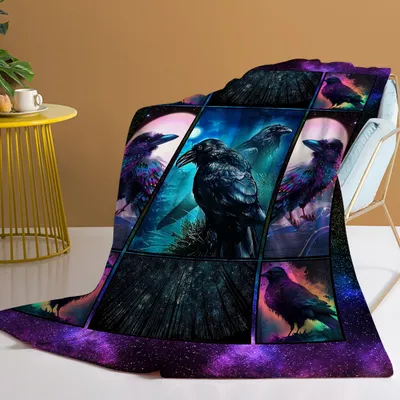 1pc Flannel Colorful Raven Soft Fluffy Multifunctional Outdoor Beach Camping Living Room Sofa Office Nap Print Blanket