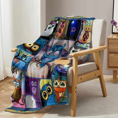 1pc Of Flannel Owl Pattern Soft And Fluffy Multifunctional Outdoor Beach Camping Living Room Sofa Office Nap Printed Blanket
