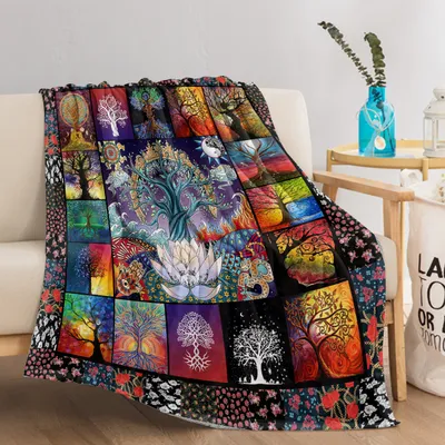 1 Pce Of Flannel With Various Lotus Tree Patterns, Soft And Fluffy, Multifunctional Outdoor Beach Camping, Living Room Sofa, Office Nap, Printed Blanket