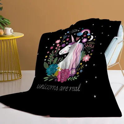 1 Pce Of Flannel Black Base Unicorn Pattern Soft And Fluffy Multifunctional Outdoor Beach Camping Living Room Sofa Office Nap Printed Blanket