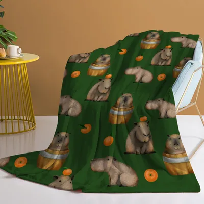 1 Pce Of Flannel Orange And Capybara Combined Pattern Soft And Fluffy Multifunctional Outdoor Beach Camping Living Room Sofa Office Nap Printed Blanket