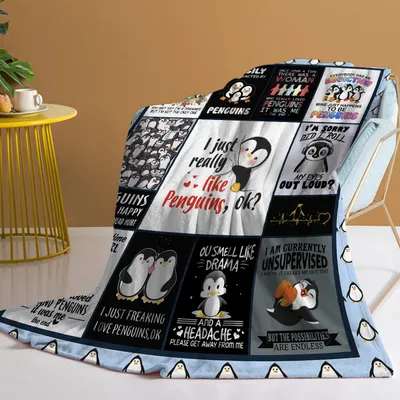 1 Pce Of Flannel With Various Forms Of Penguin Patterns, Soft And Fluffy, Multifunctional Outdoor Beach Camping, Living Room Sofa, Office Nap, Printed Blanket