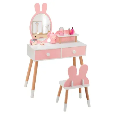 2-in-1 Kids Vanity Table Set With Detachable Mirror, Pink Dressing Table With Storage Shelf & Drawers For Girls