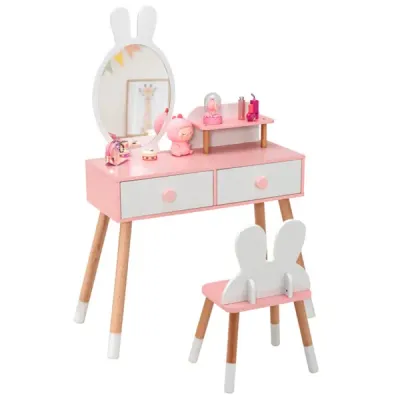2-in-1 Kids Vanity Table Set With Detachable Mirror, White Dressing Table With Storage Shelf & Drawers For Girls